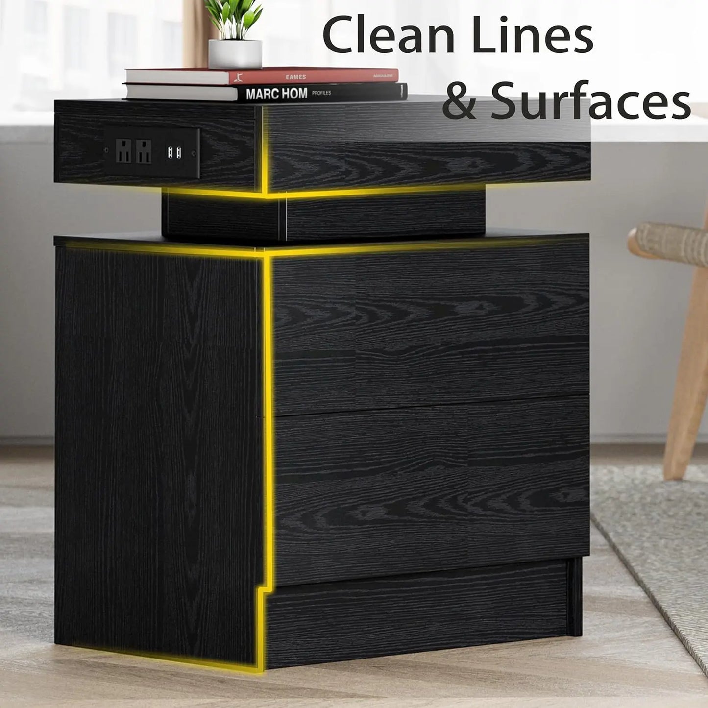 LIKIMIO Night Stand with Charging Station, Modern Nightstand with LED Light and Drawers, Bedside Tables/End Table for Bedroom