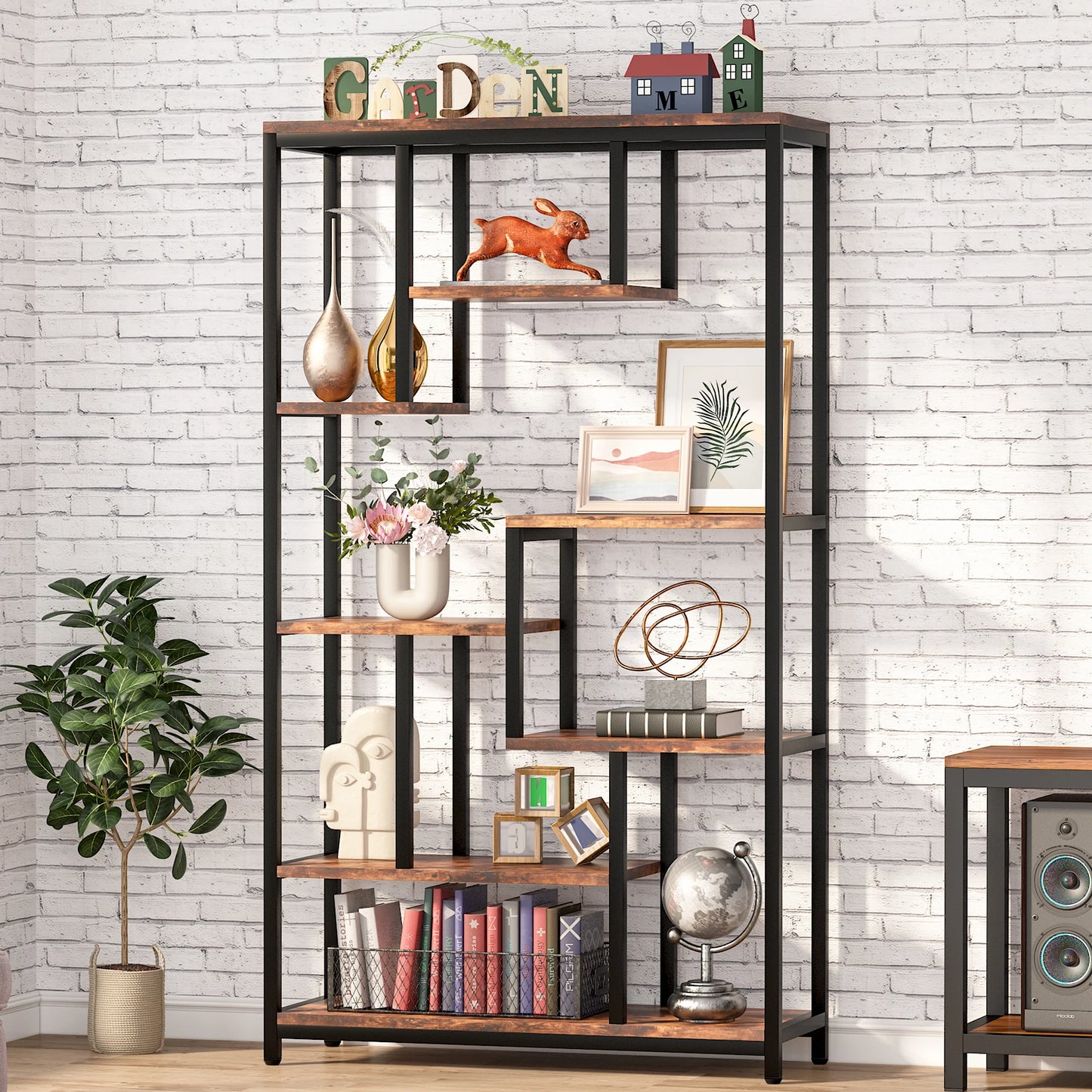 Tribesigns Modern 8-Tier Staggered Bookcase -, Wide Wood Etagere Shelving Unit