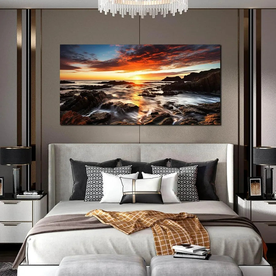 Large Natural Landscape Canvas Wall Art for Living Room, View of Ocean Sunset Panorama Wall-Decor Picture,59x29 Inches