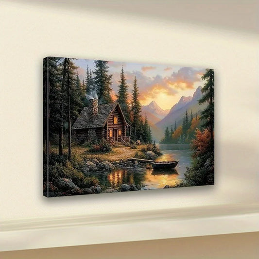 Rustic Lakeside Cabin Canvas Wall Art with Wooden Frame - Serene Sunset Landscape Print, Ideal for Living Room & Bedroom Decor -