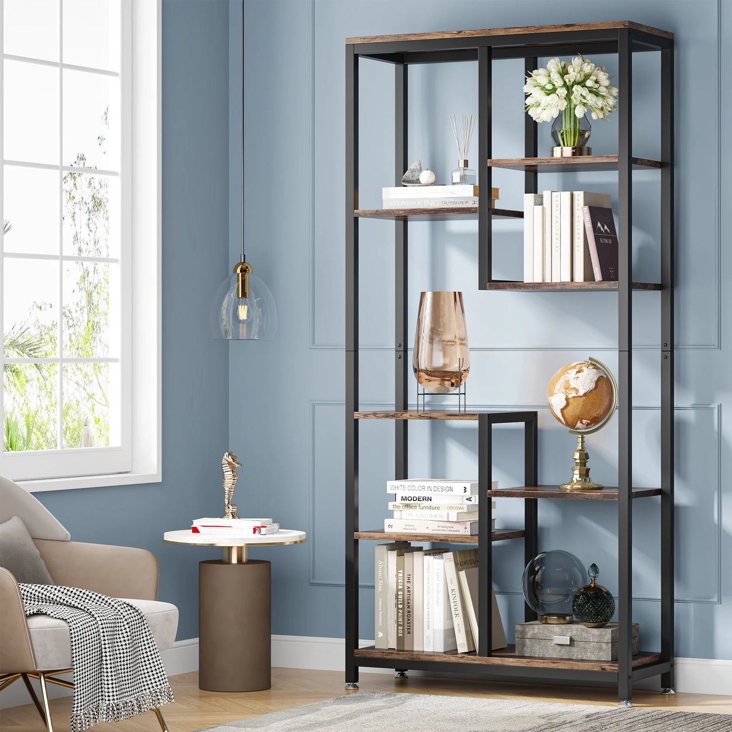 Tribesigns Modern 8-Tier Staggered Bookcase -, Wide Wood Etagere Shelving Unit