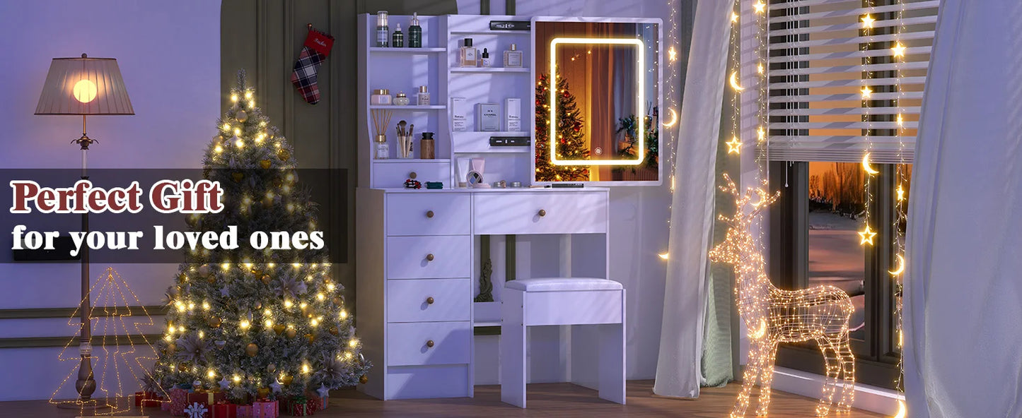 Teousev White Hollywood Vanity Set with Touch Control Dimmer LED Mirror 6 Drawers & Stool 3 Color Lighting Easy Assembly Bedroom
