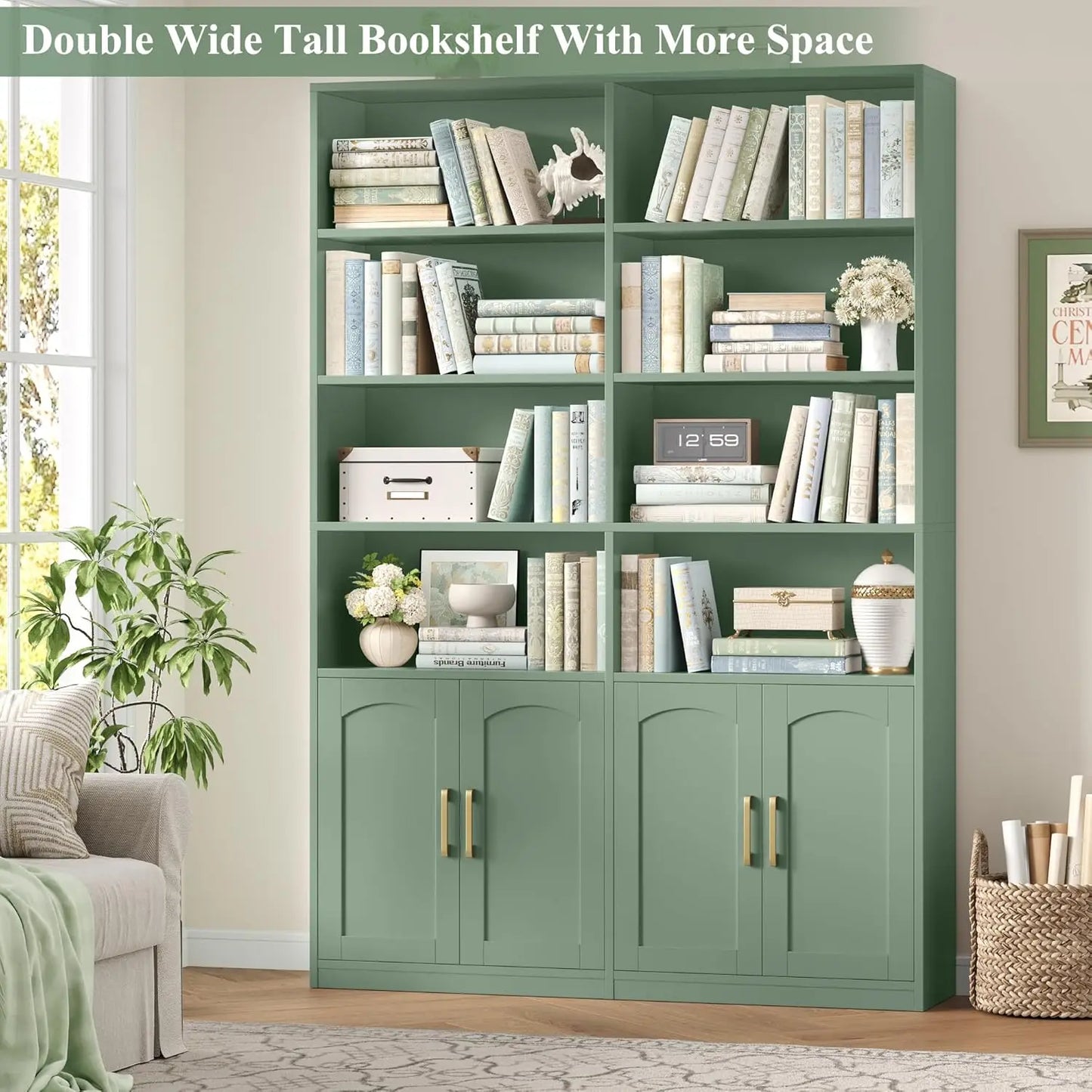 Bookshelf and Bookcase with Doors, 6 Tier Double Wide Large Bookshelves, Open Display Shelves, 73'' Tall Bookshelf, Customized