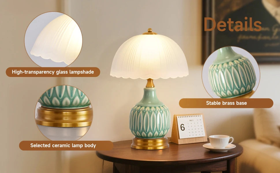 Vintage Lamp for Living Room,16" Modern Ceramic Table Lamps for Bedroom,Retro Bedside Nightstand Traditional Lamps,Classic Chino