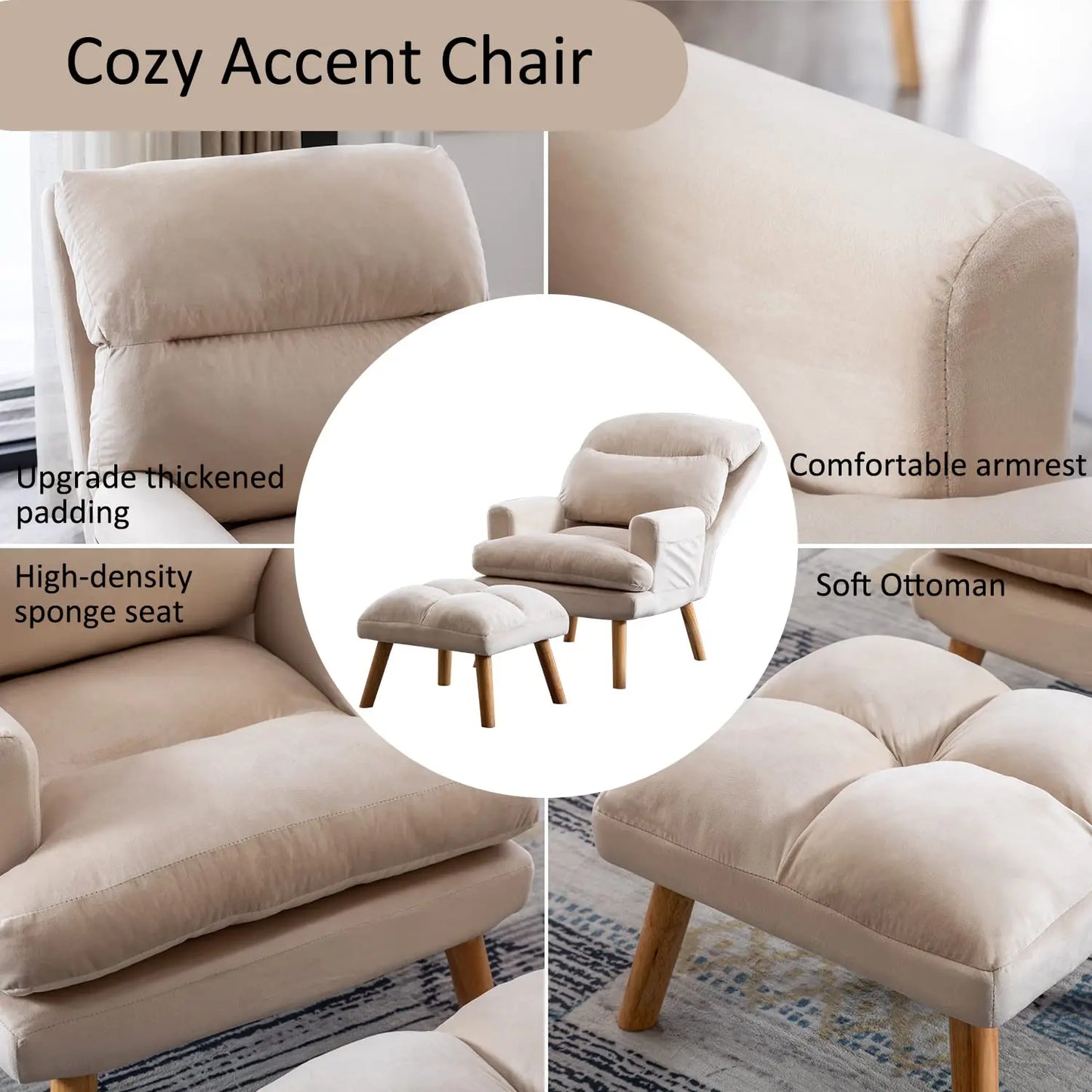 Accent Chairs with Ottoman Set, Modern Velvet Armchair with Adjustable Backrest, Comfy Lounge Chair for Living Room, Customized