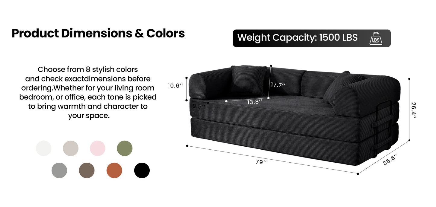 79’’ Folding Convertible Sofa Bed Corduroy Upholstered Boneless Couch, Loveseat Sleeper Floor Sofa for Living Room Bedroom