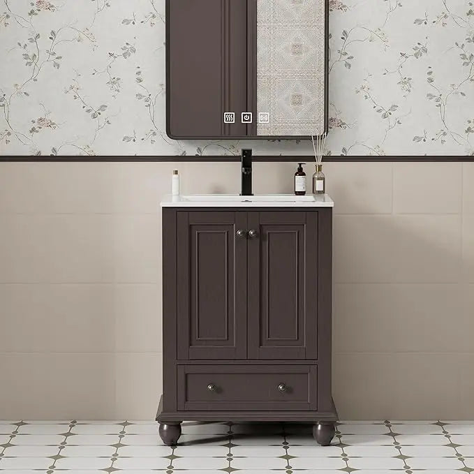 24" Bathroom Vanity Sink Combo Vintage Style with Painted Solid Wood Construction, Retro Vanities Storage Cabinet w/Gourd Leg