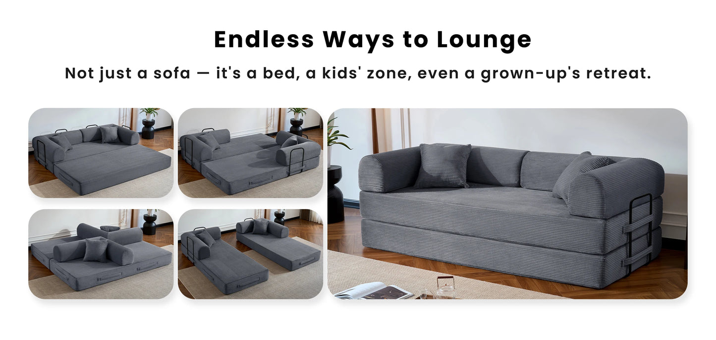 79’’ Folding Convertible Sofa Bed Corduroy Upholstered Boneless Couch, Loveseat Sleeper Floor Sofa for Living Room Bedroom