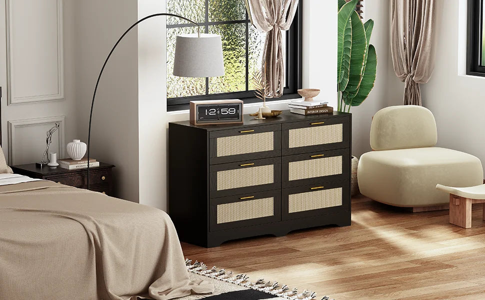 REDLIFE 47.24" Rattan Dresser with 6 Drawers ,Modern Chest Wood Storage Closet w/ Golden Handles for Bedroom Living Room Hallway