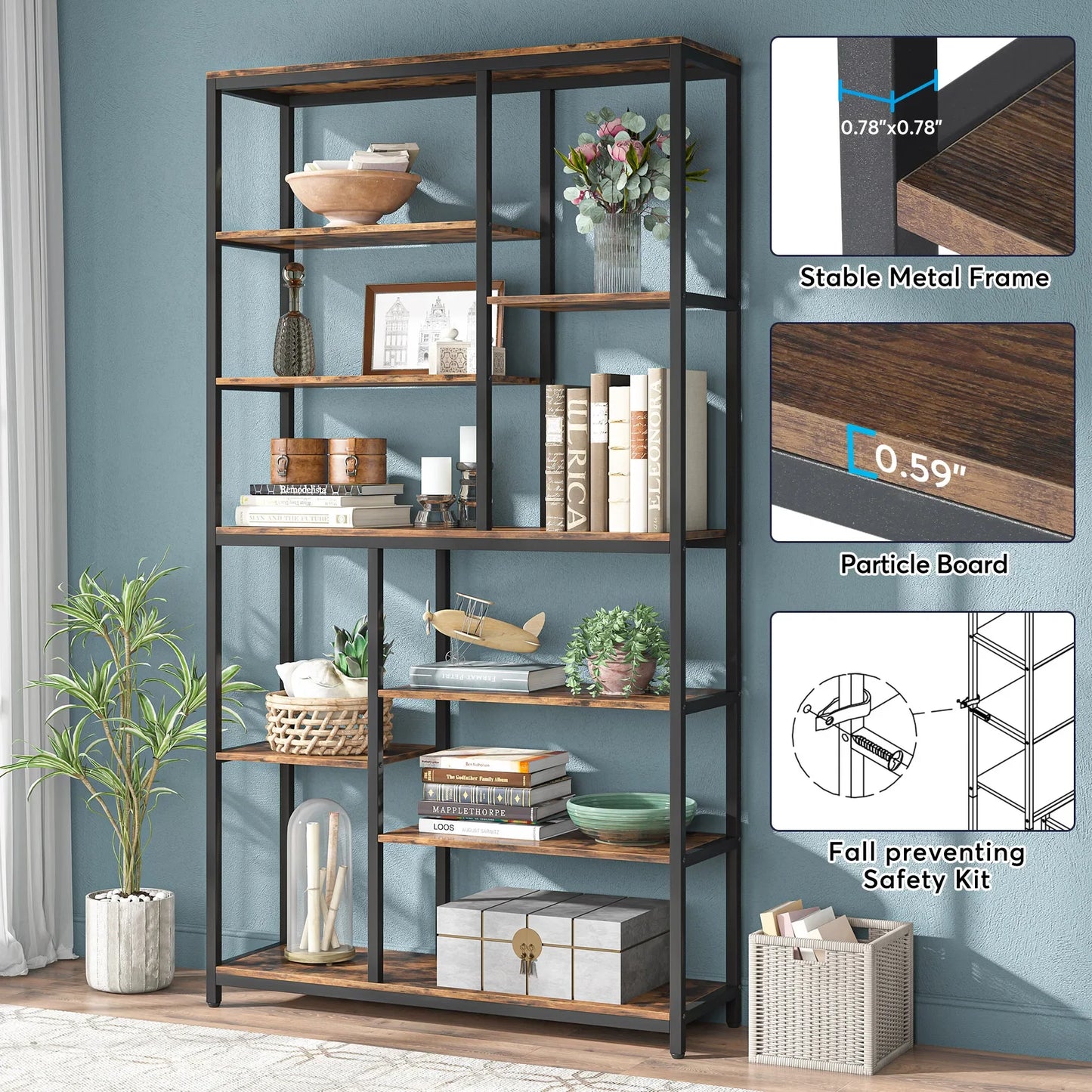 Tribesigns Modern 8-Tier Staggered Bookcase -, Wide Wood Etagere Shelving Unit