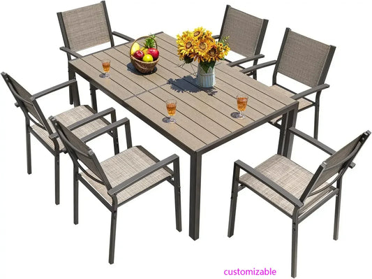 HOT-Patio Dining Set 7 Pieces Outdoor Furniture with Large Table and 6 Textilene Chairs for Porch, Brown