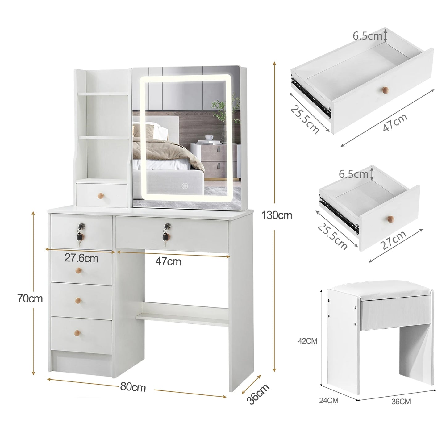 Teousev White Hollywood Vanity Set with Touch Control Dimmer LED Mirror 6 Drawers & Stool 3 Color Lighting Easy Assembly Bedroom