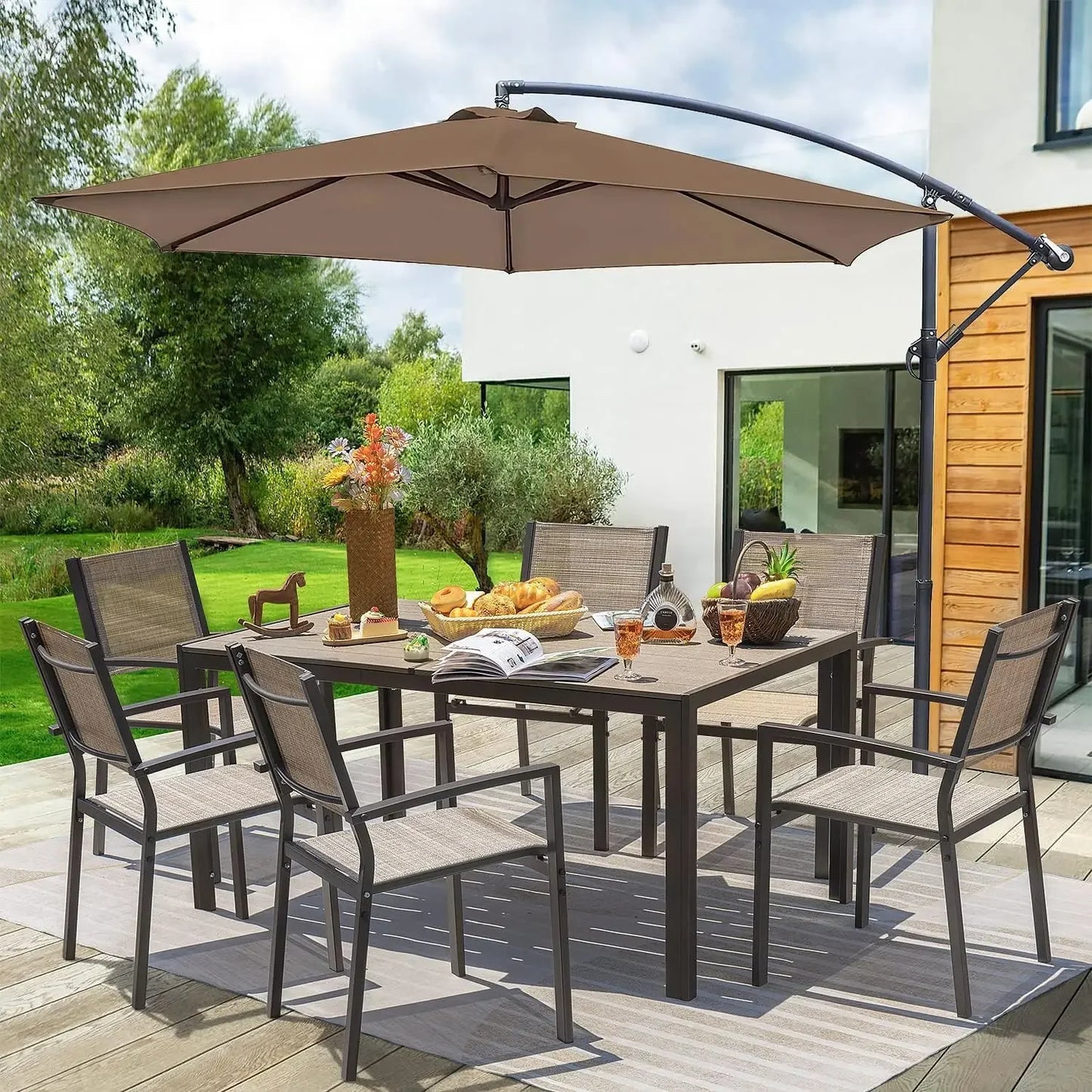 HOT-Patio Dining Set 7 Pieces Outdoor Furniture with Large Table and 6 Textilene Chairs for Porch, Brown