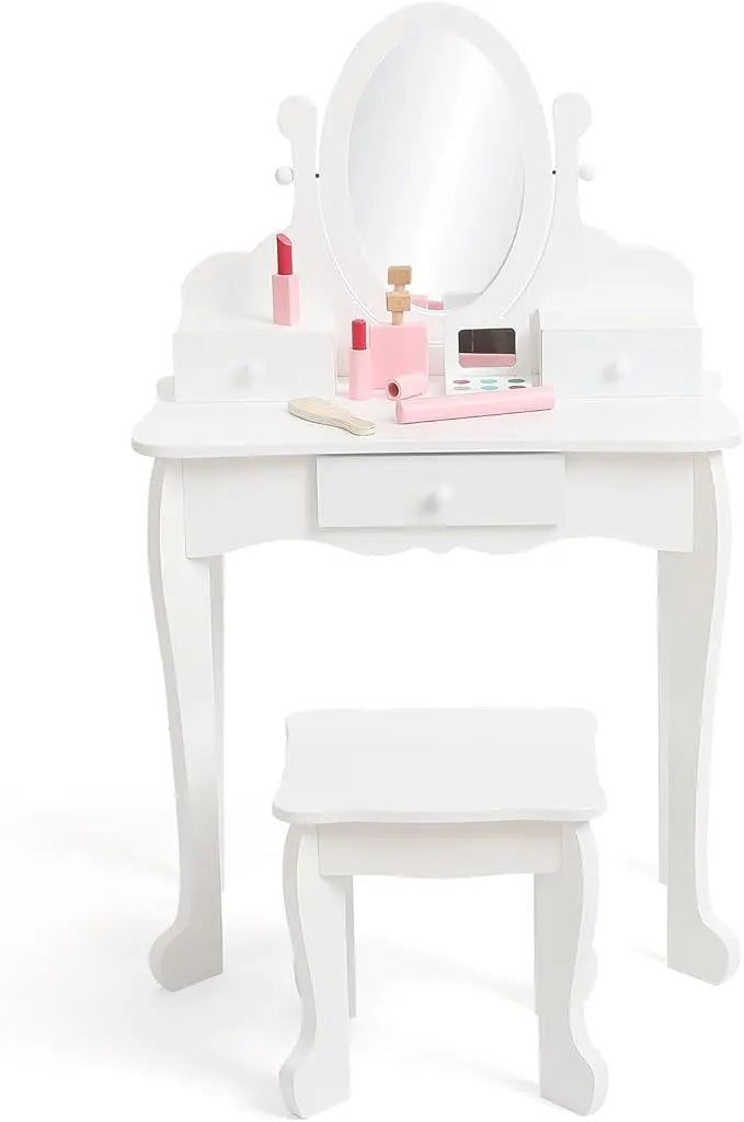 Kids' Vanity Set with Mirror, Makeup Table and Stool for Girls, Vanity Desk and Chair with Wood Makeup Playset for 4-9 Girls