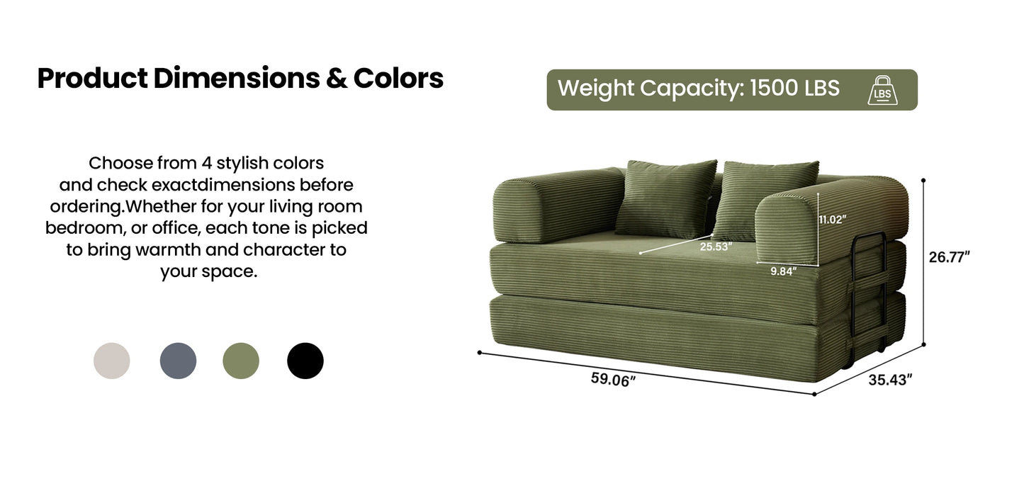 59’’ Convertible Sofa Bed Corduroy Upholstered Boneless Couch, Loveseat Fold Out Small Floor Sleeper for Living Room