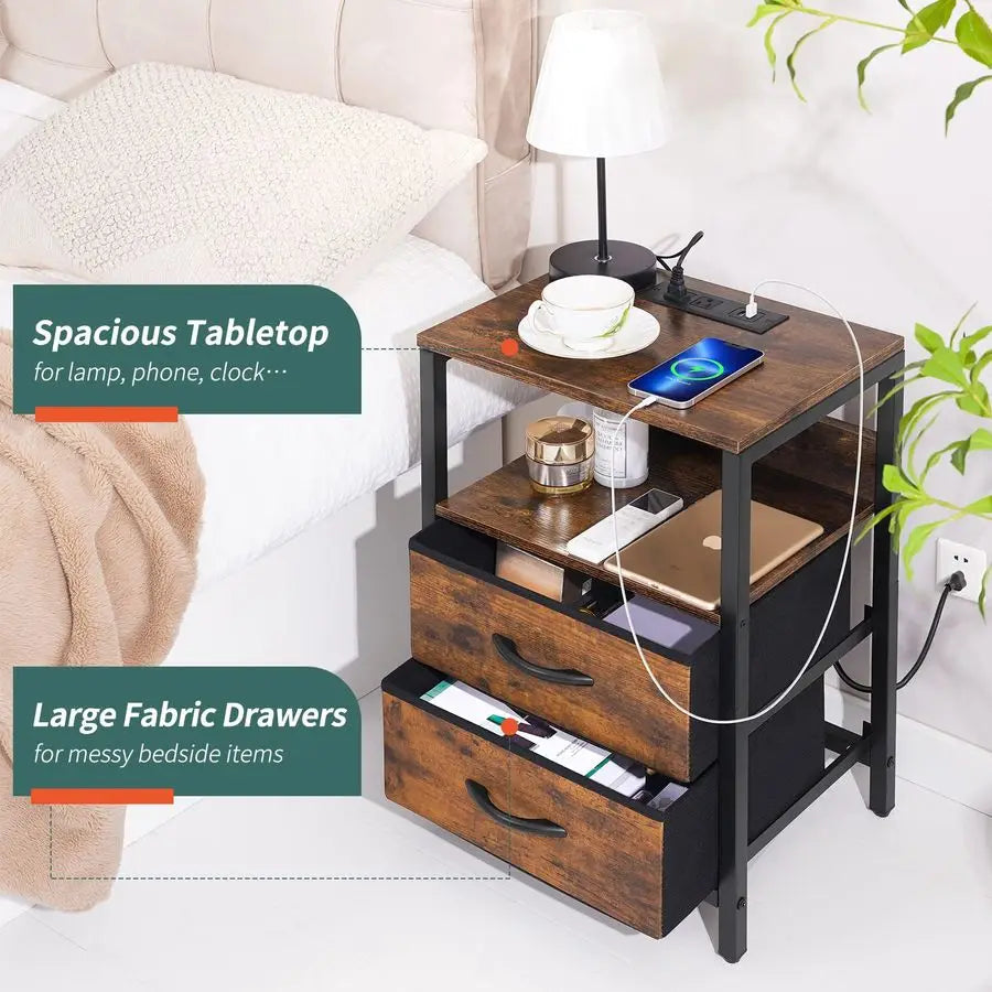 Nightstand with Charging Station, Small Night Stand with Fabric Drawers and Storage Shelf for Bedrooms, Small Spaces, Bedside T