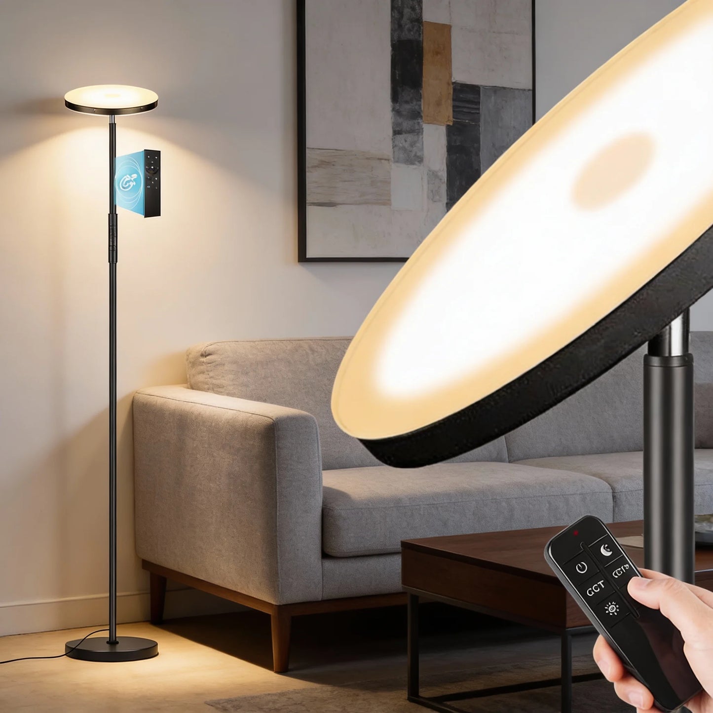 Upgraded Floor Lamp, 36 Watts 3600 Lumens, Super Bright Led Floor Lamp, Suitable for Living Room, Bedroom, Office, Modern Dimmable Tall Floor Lamp, with Remote Control