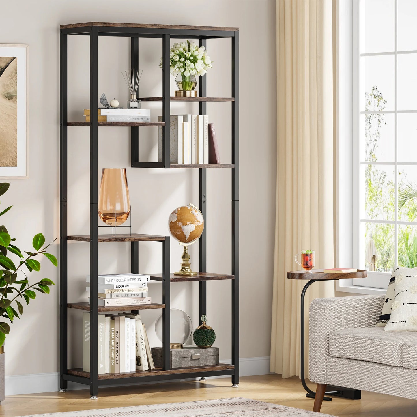 Tribesigns Modern 8-Tier Staggered Bookcase -, Wide Wood Etagere Shelving Unit