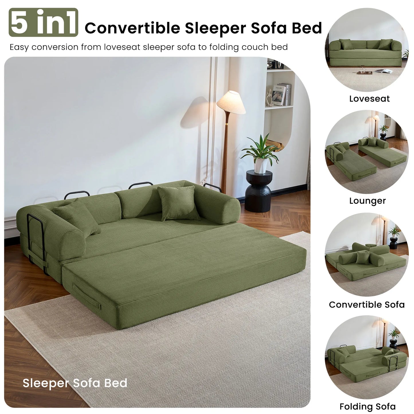 79’’ Folding Convertible Sofa Bed Corduroy Upholstered Boneless Couch, Loveseat Sleeper Floor Sofa for Living Room Bedroom