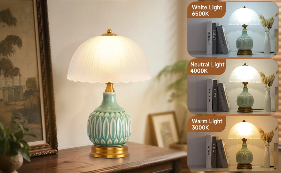 Vintage Lamp for Living Room,16" Modern Ceramic Table Lamps for Bedroom,Retro Bedside Nightstand Traditional Lamps,Classic Chino