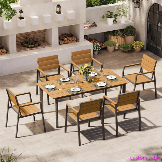 Outdoor Dining Set for 6, Patio Table and Chairs Set with Umbrella Hole, 7 Pieces HDPS Outdoor Furniture Sets for Patio, Garden
