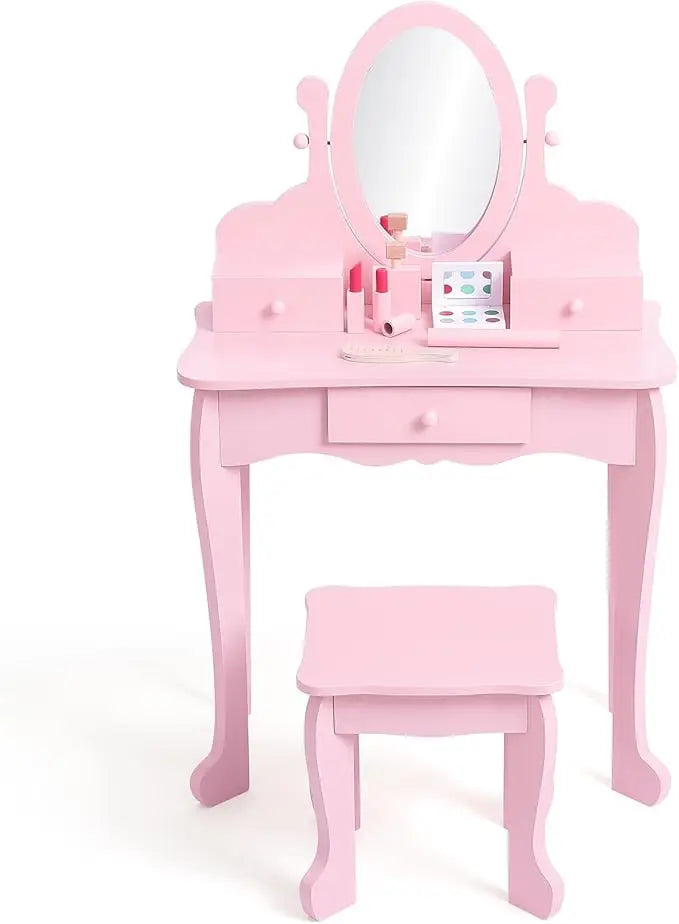 Kids' Vanity Set with Mirror, Makeup Table and Stool for Girls, Vanity Desk and Chair with Wood Makeup Playset for 4-9 Girls