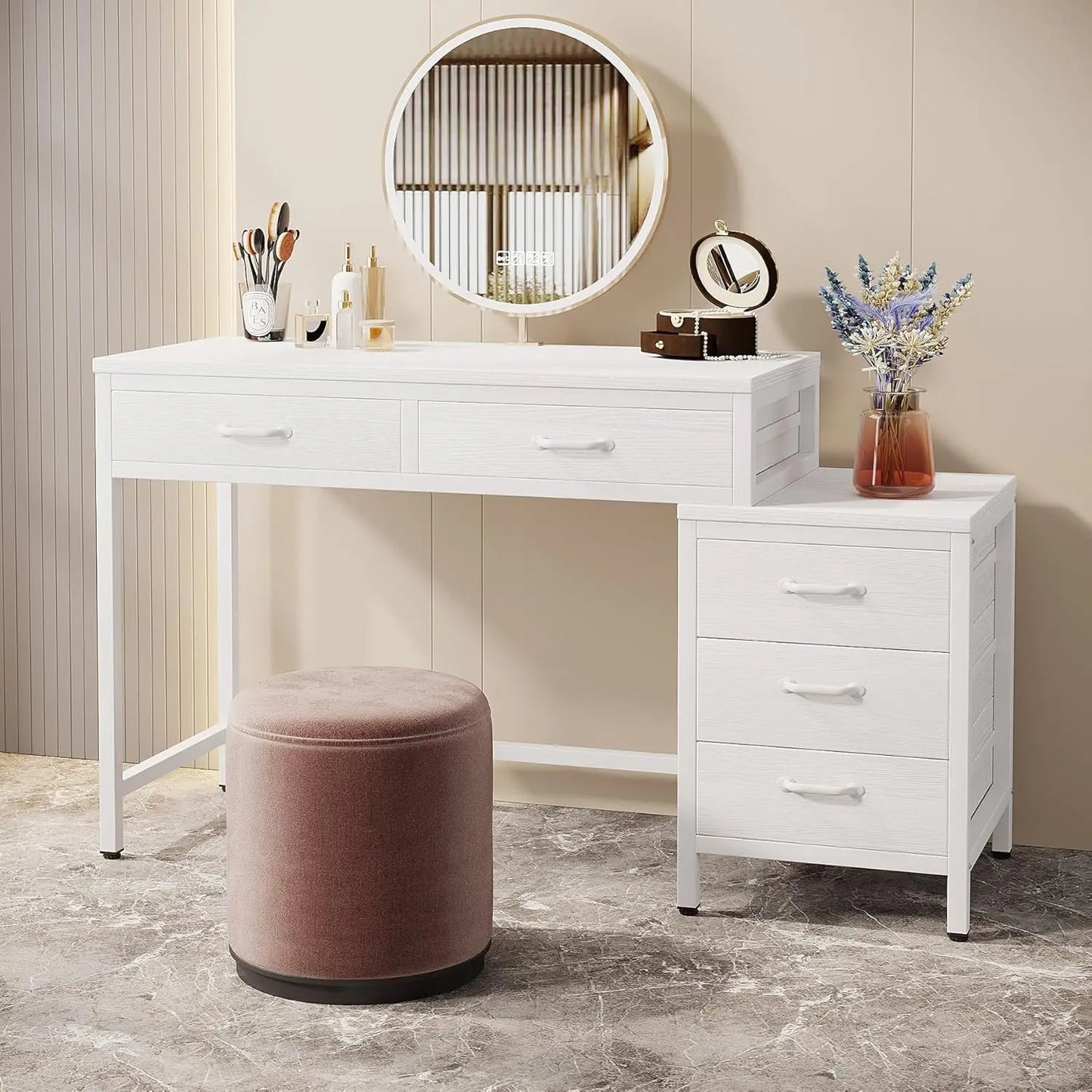 Vanity Desk with 5 Drawers, Makeup Vanity Table Dressing Table with Side 3-Drawer Chest, Make Up Vanities for, Customized