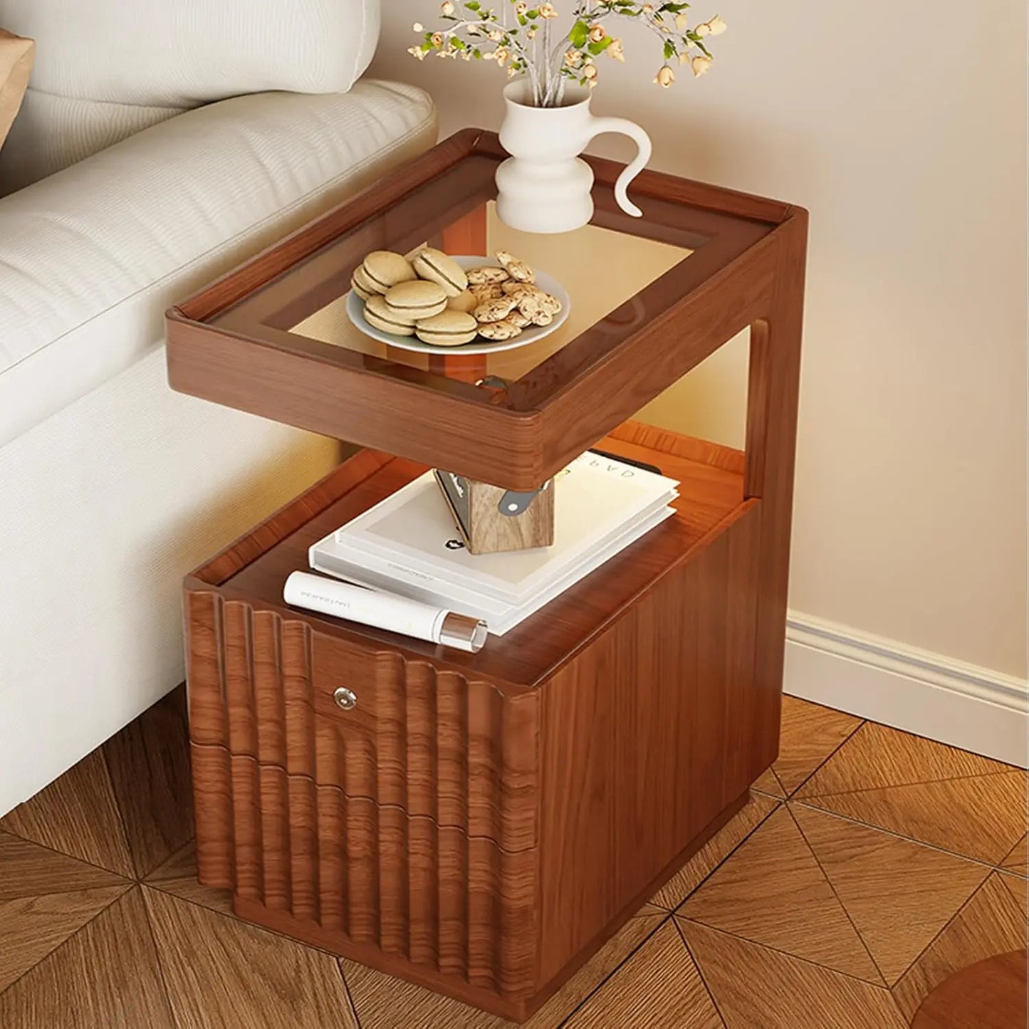 Solid Wood Nightstand with LED Light, Modern 3 Tier Bedside Table with Open Storage, Small Side Table for Bedroom, Customized