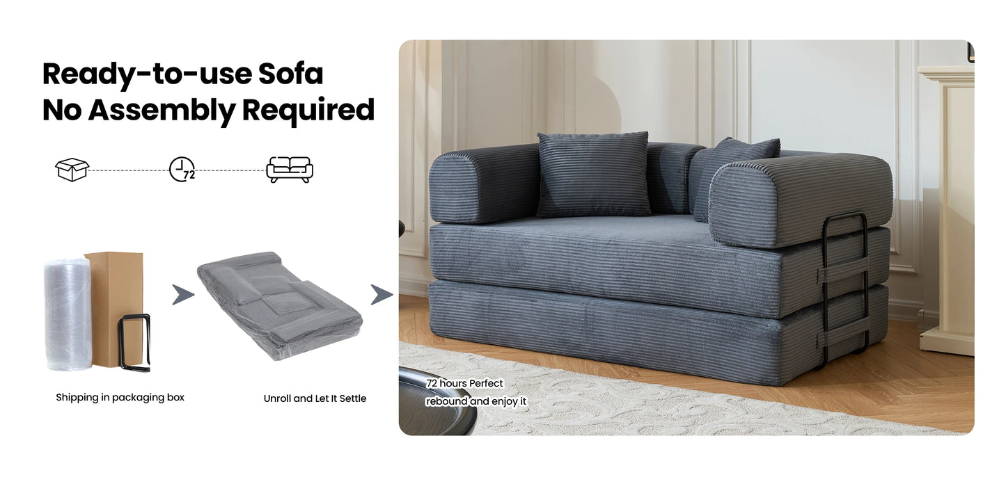 59’’ Convertible Sofa Bed Corduroy Upholstered Boneless Couch, Loveseat Fold Out Small Floor Sleeper for Living Room