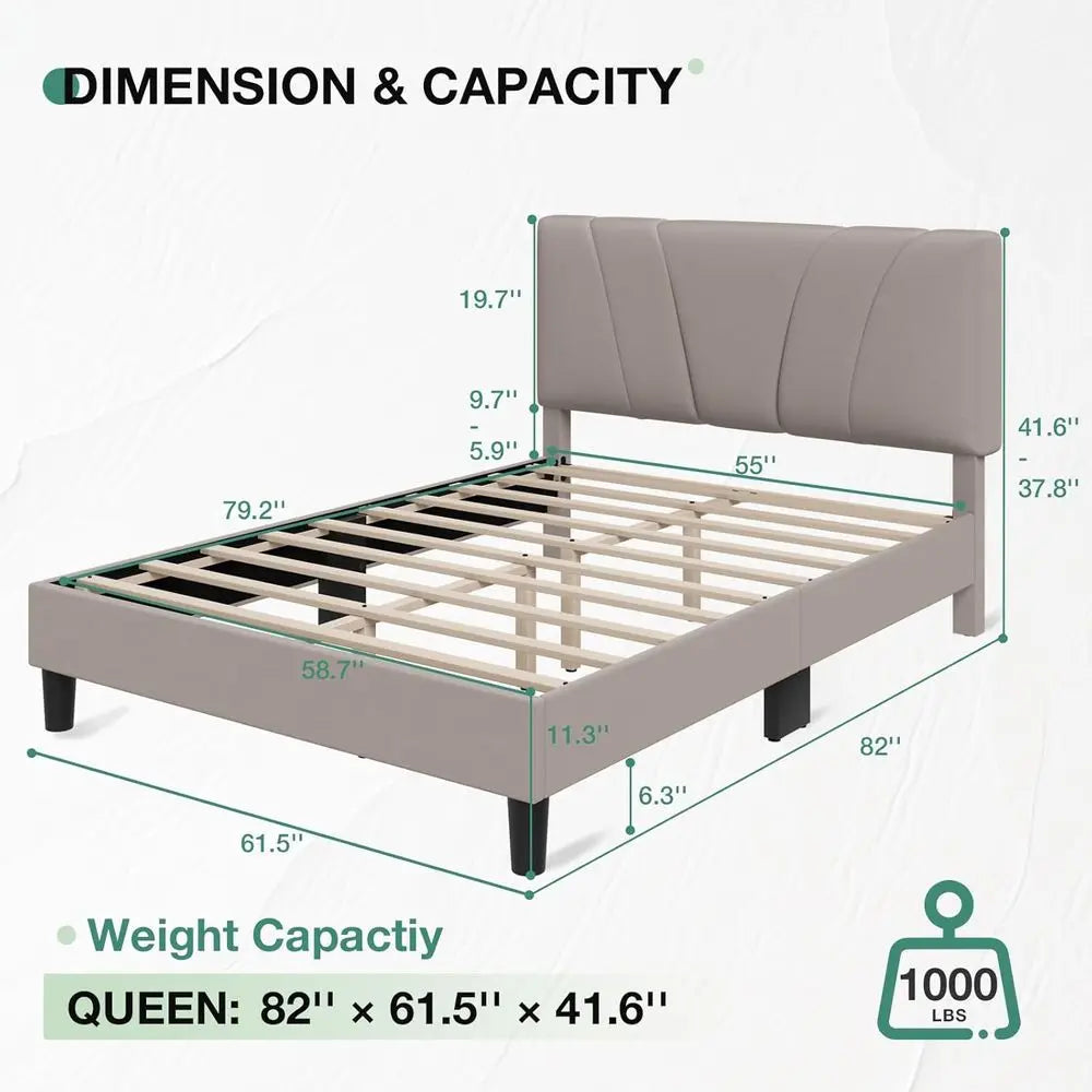 Queen Size Linen Upholstered Bed Frame with Wood Slats, Adjustable Headboard, No Box Spring Needed, Heavy Duty, Easy Assembly, B