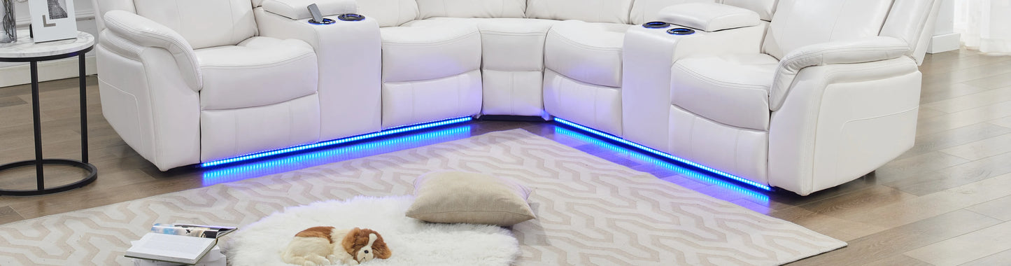 Power Recliner Sectional Sofa with LED Lights, USB, Cup Holders Storage Console Faux Leather Wall Hugger Living Room Couch