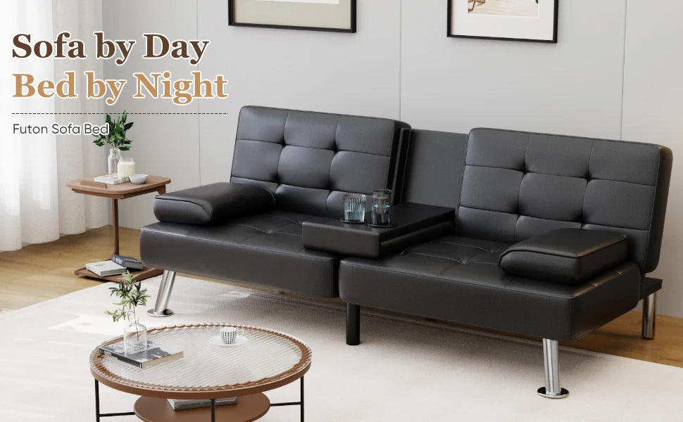 Convertible Folding Futon Sofa Bed Sleeper Couch for Living Room Faux Leather Upholstered Loveseat w/Removable Armrests
