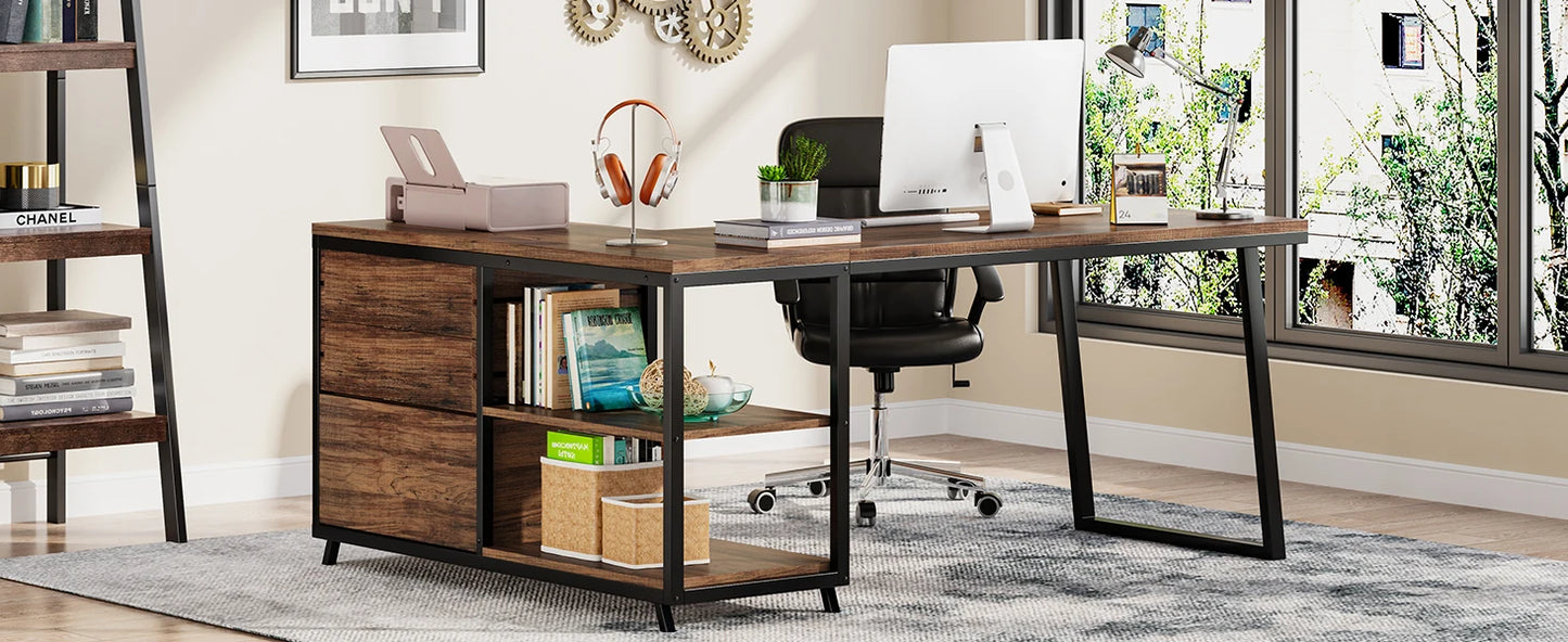 L-Shaped Computer Desk with 3 Drawers,Home Office Desk with Shelves, 53-Inch Industrial PC Desk for Small Space, Rustic Brown