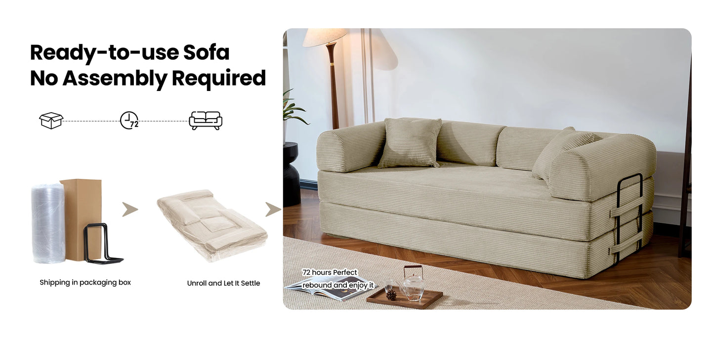 79’’ Folding Convertible Sofa Bed Corduroy Upholstered Boneless Couch, Loveseat Sleeper Floor Sofa for Living Room Bedroom