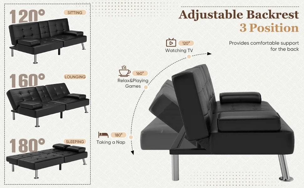 Convertible Folding Futon Sofa Bed Sleeper Couch for Living Room Faux Leather Upholstered Loveseat w/Removable Armrests