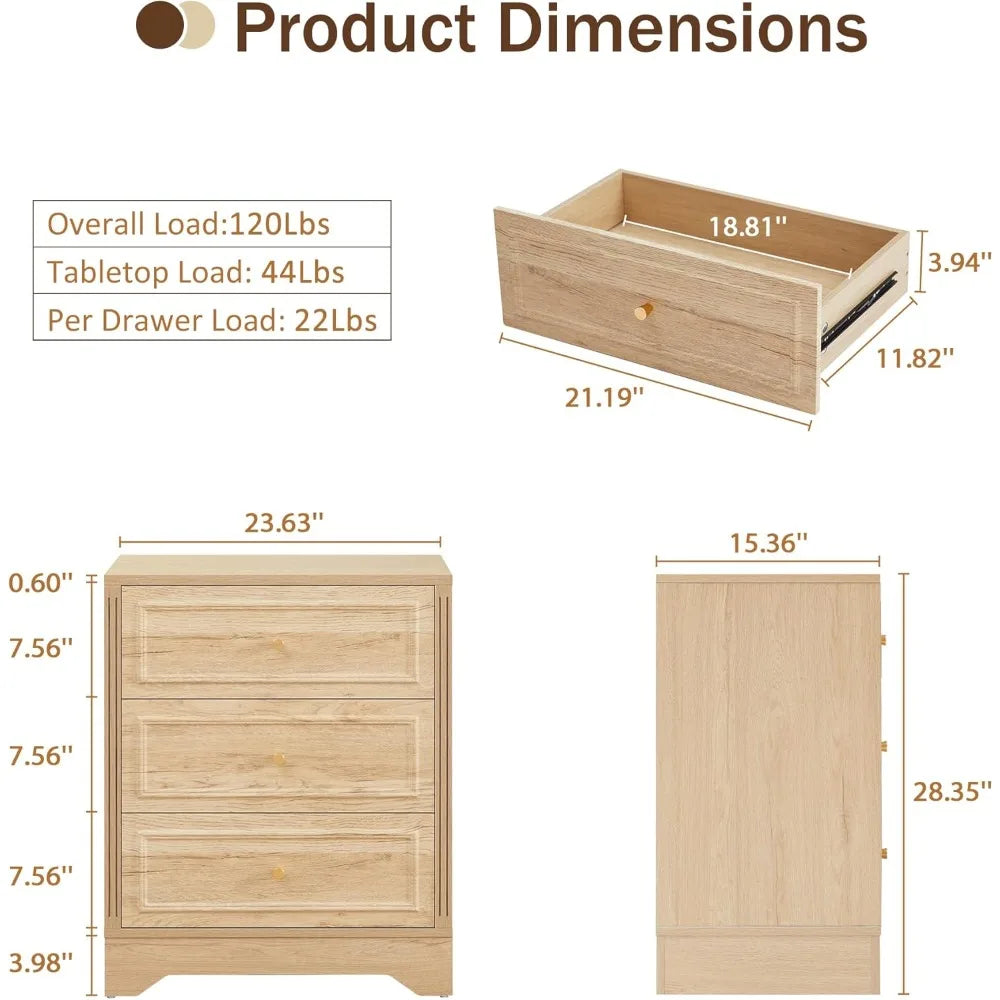 Nightstand Set of 2, Wooden 3-Drawer Bedside Table with Carved Sides, 23-inch Wide End Table with Stable Base, Small，Customized