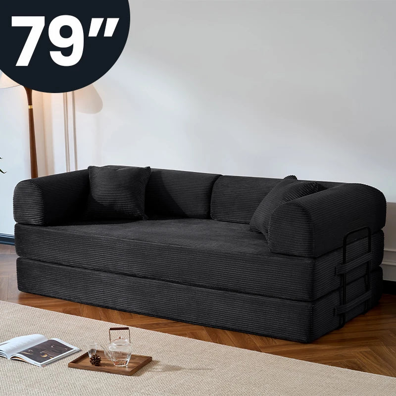 79’’ Folding Convertible Sofa Bed Corduroy Upholstered Boneless Couch, Loveseat Sleeper Floor Sofa for Living Room Bedroom