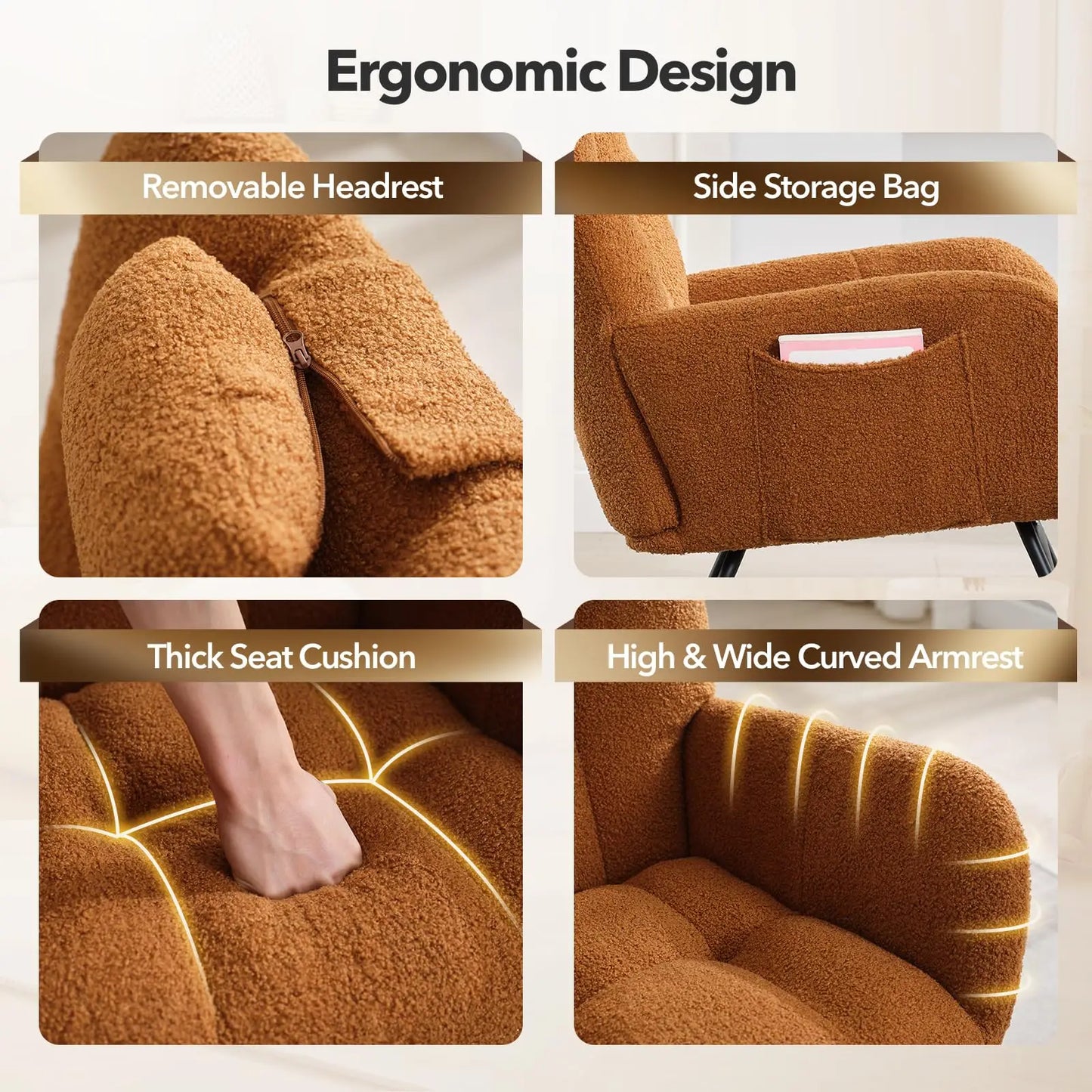 Nursery Rocking Chair Teddy Upholstered Glider Rocker Rocking Accent Chair Padded Seat with High Backrest Armchair Comfy SideCha