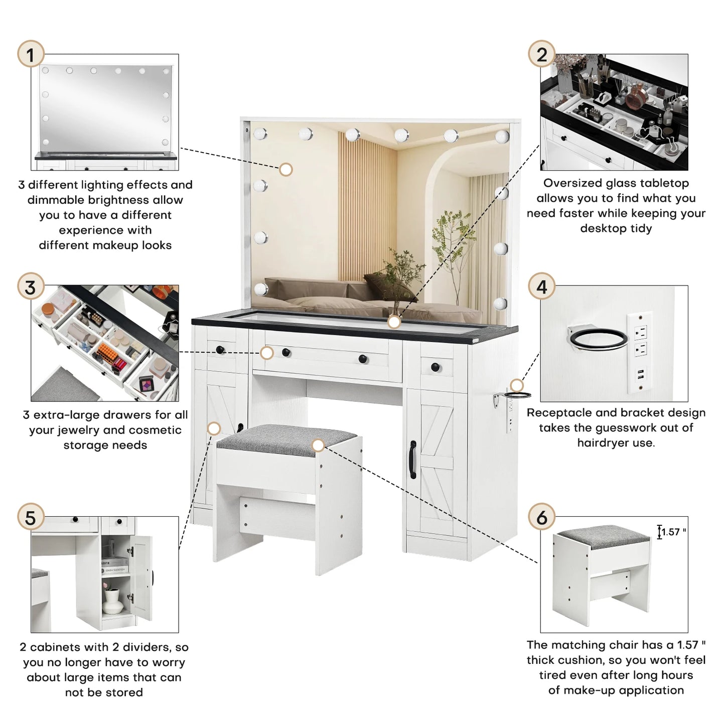 Farmhouse Vanity Desk w/ Lighted Mirror Hollywood Makeup Desk w/ 3 Drawers & 2 Cabinets 43" Dressing Vanity Table Stool Included