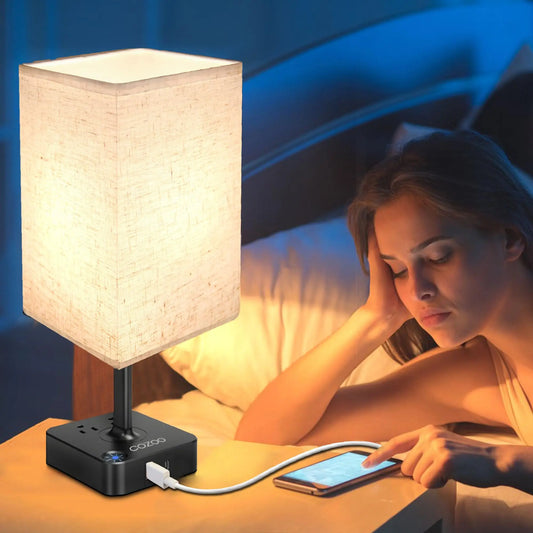 Dimmable LED Table Lamp with 2 USB Ports & 2 Outlets: Black Base Fabric Shade for Home Office & Living Room