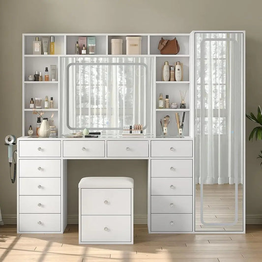 LED-Illuminated Makeup Vanity Desk with 14 Drawers, 10 Shelves, and Hidden Storage, White