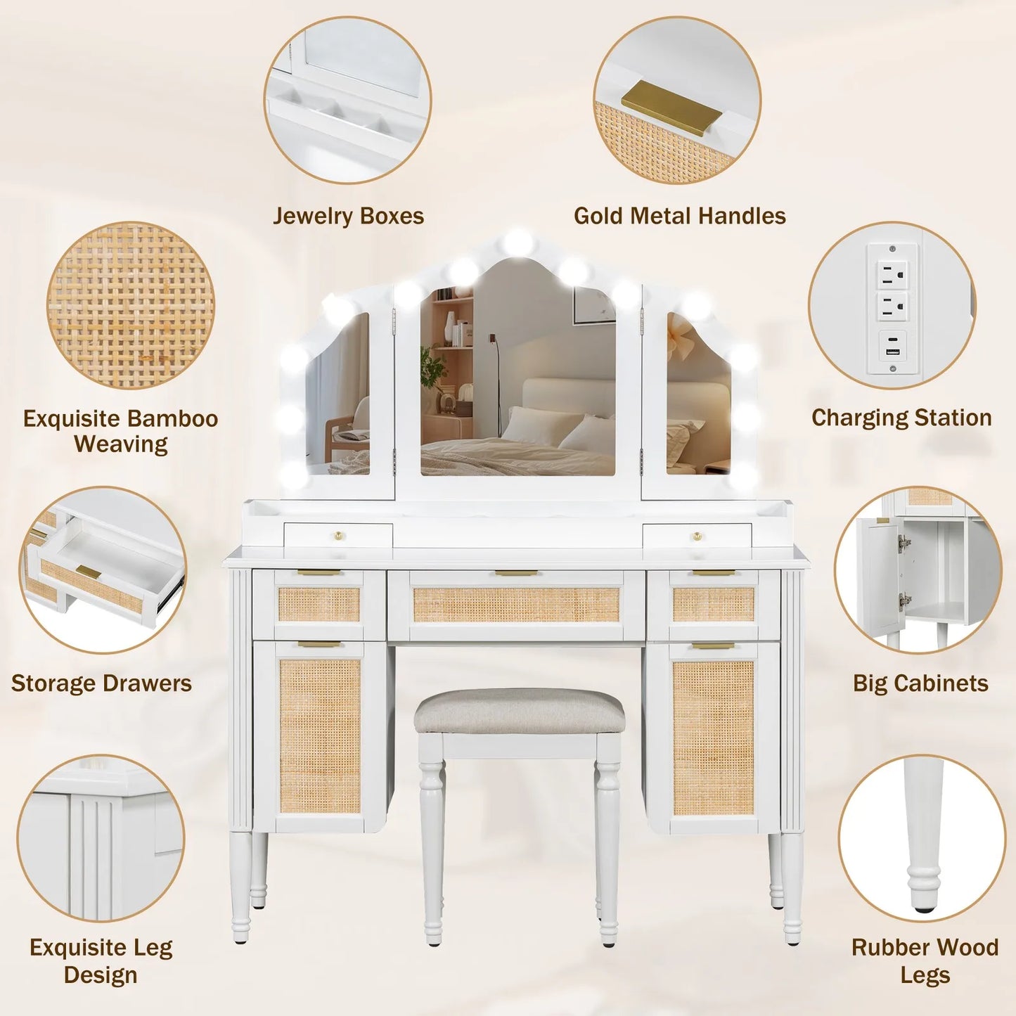 44" Makeup Vanity Desk w/13 Hollywood Bulbs &3 Lighting Modes Dressing Table