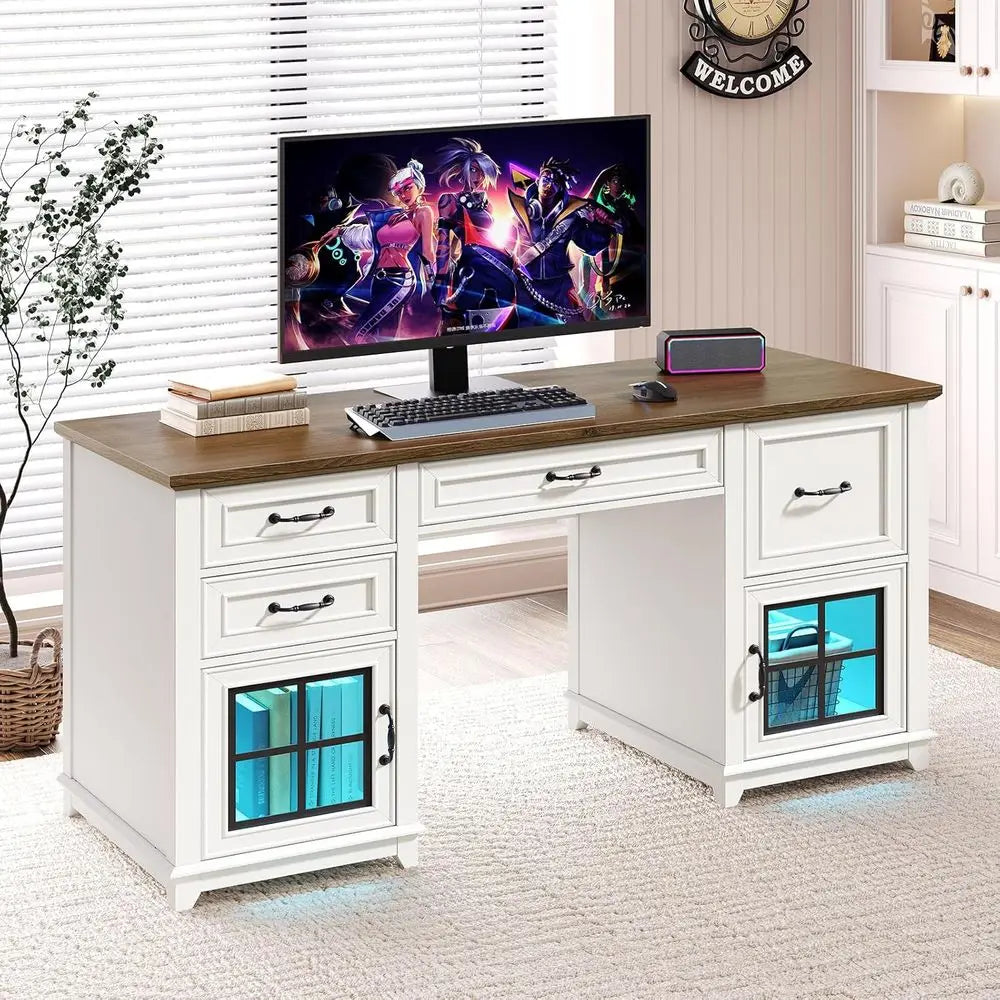 58" Farmhouse Executive Desk, Farmhouse Computer Desk with Drawers & File Cabinet, Wooden Home Office Desk with，Customized