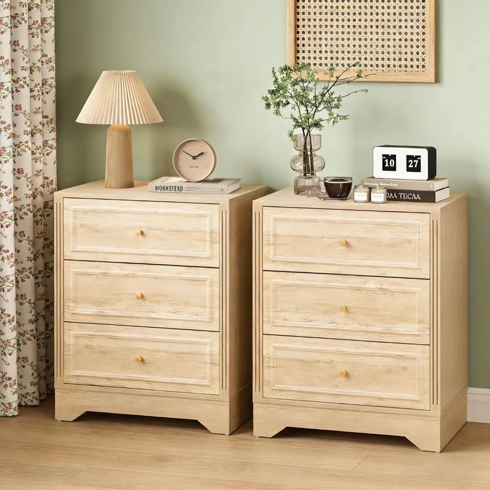 Nightstand Set of 2, Wooden 3-Drawer Bedside Table with Carved Sides, 23-inch Wide End Table with Stable Base, Small，Customized
