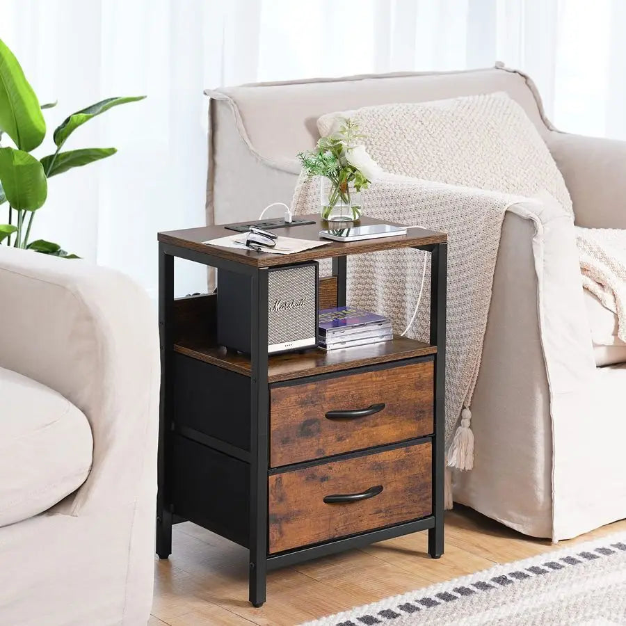 Nightstand with Charging Station, Small Night Stand with Fabric Drawers and Storage Shelf for Bedrooms, Small Spaces, Bedside T