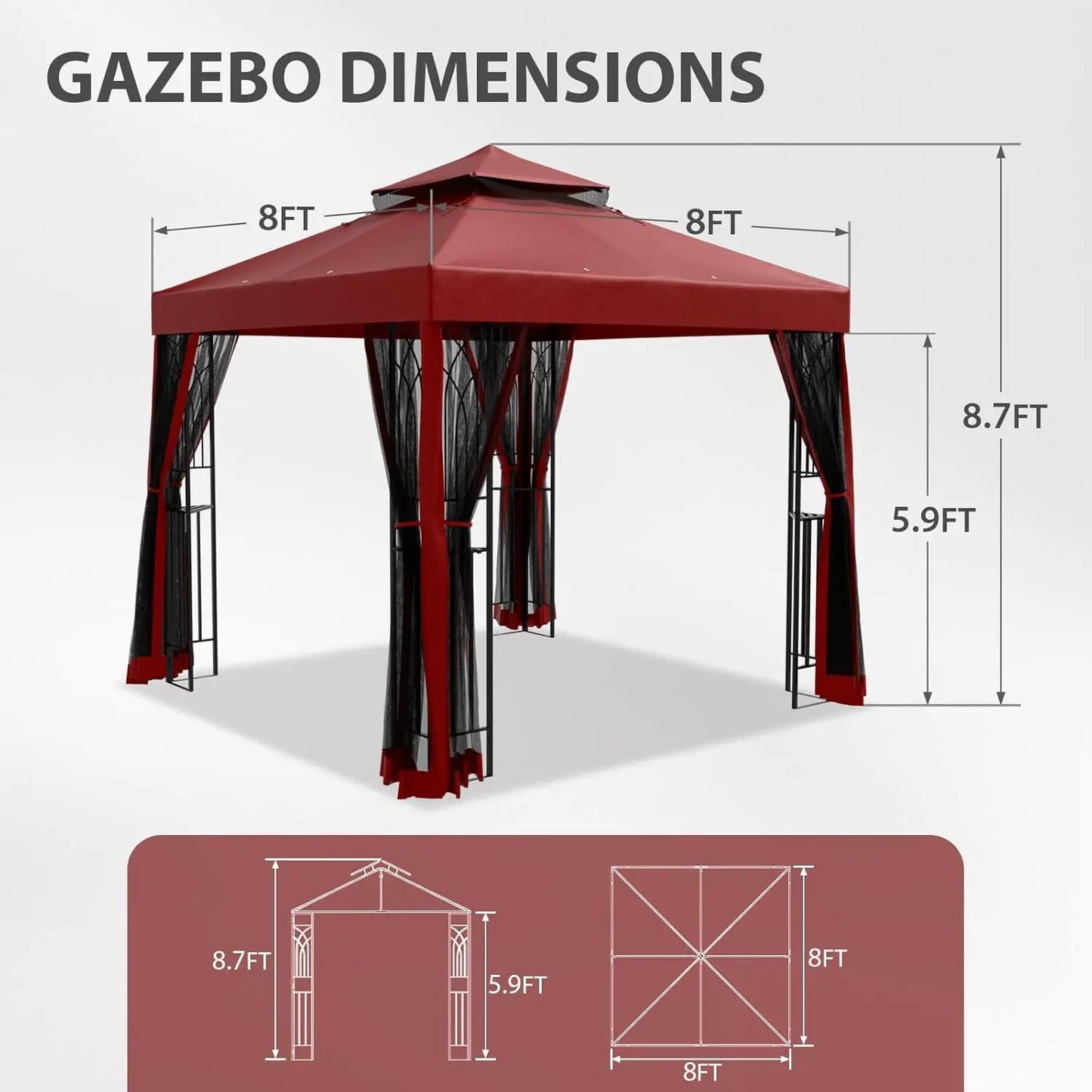 8x8 Patio Gazebo with Mesh Netting, Double Roof Outdoor Pavilion with Corner Shelves for Lawn, Deck, Garden and, Customized