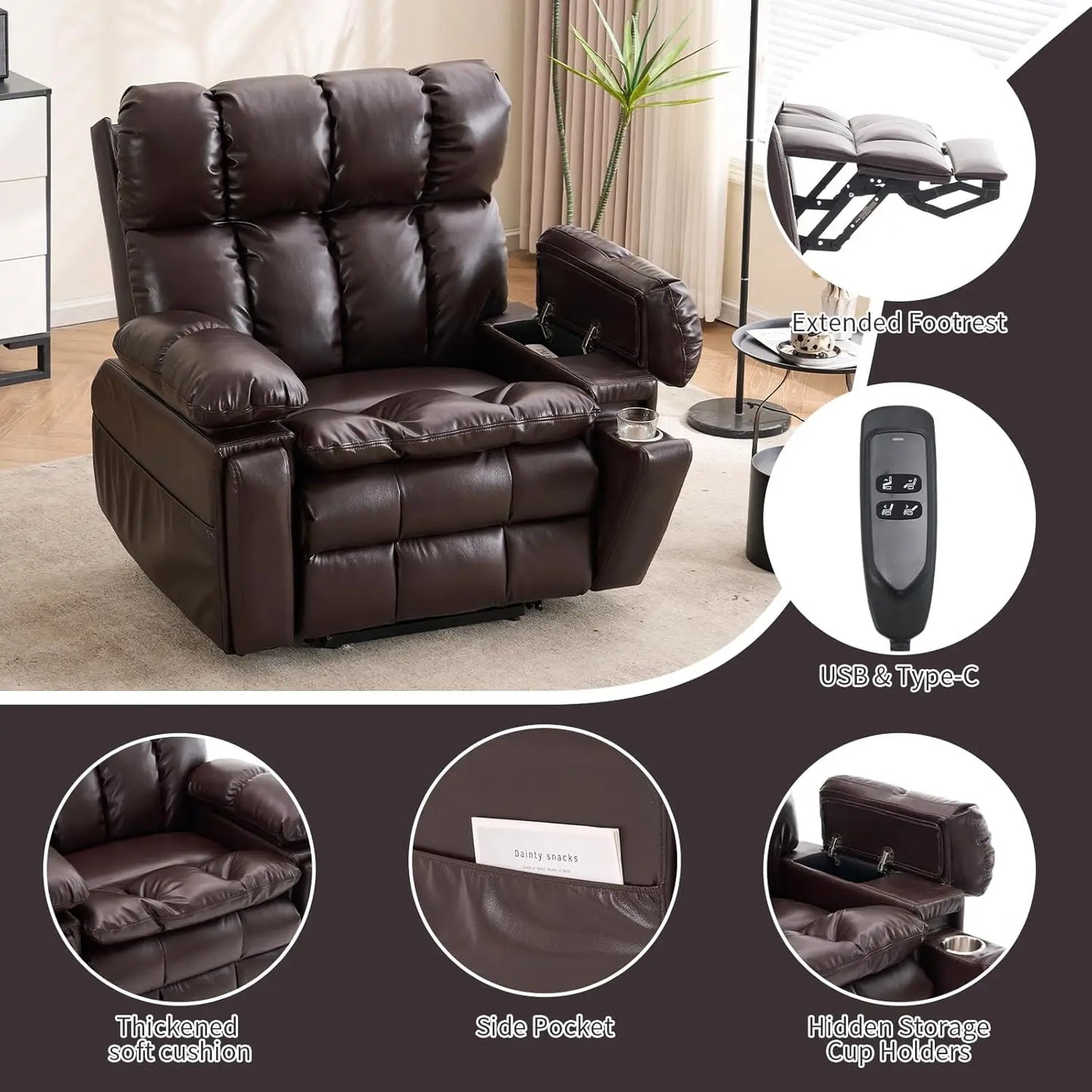 Oversized Dual Motor Power Lift Recliner Chair with Adjustable Headrest for Elderly Faux Leather Customizable Infinite Position