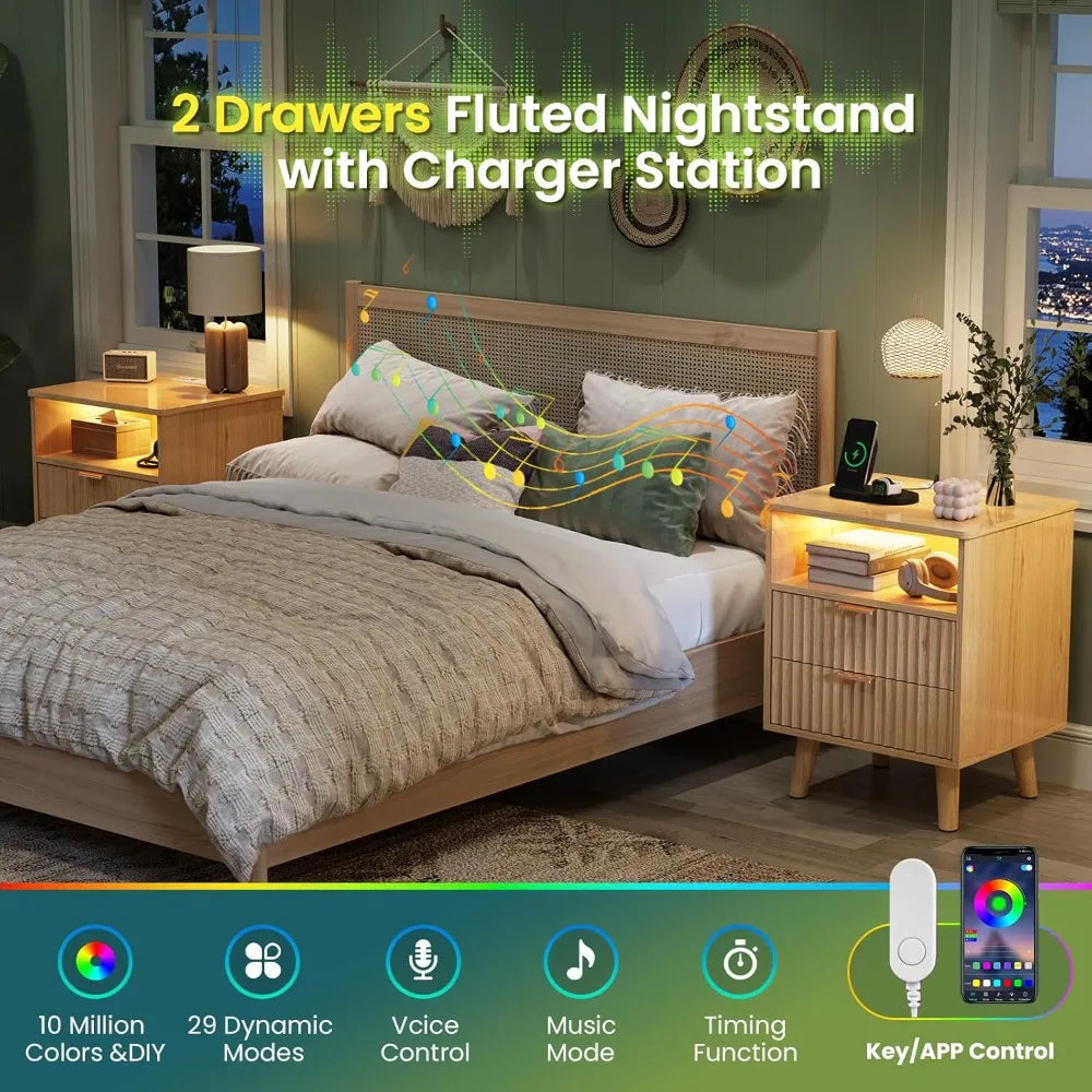 Fluted Nightstand Set of 2 with Charging Station,LED Nightstand with 2 Drawers and Open Storage Cubby, Modern Bedside，Customized