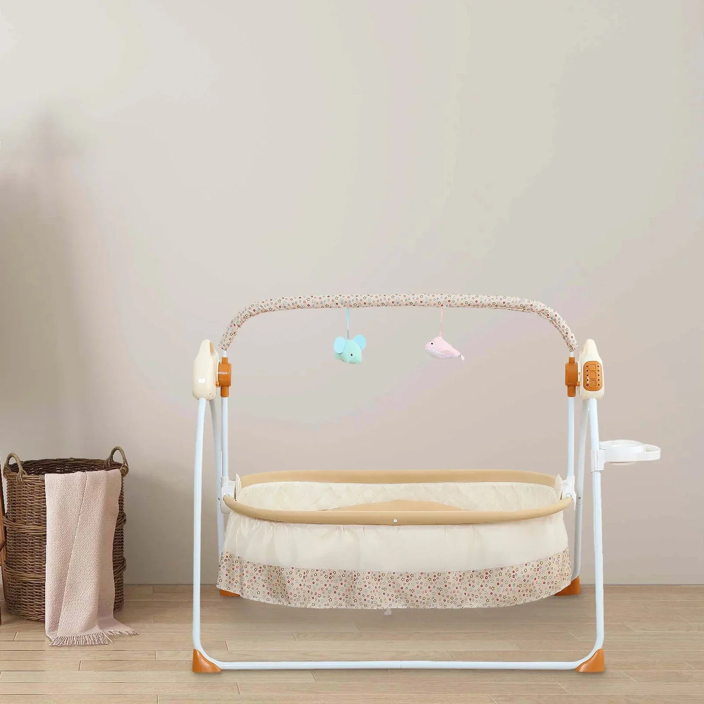 Electric Baby Cradle 5 Speed Baby Swing Foldable Portable 55lbs Capacity With Remote Control for 0-18 Months Living Room (Khaki)