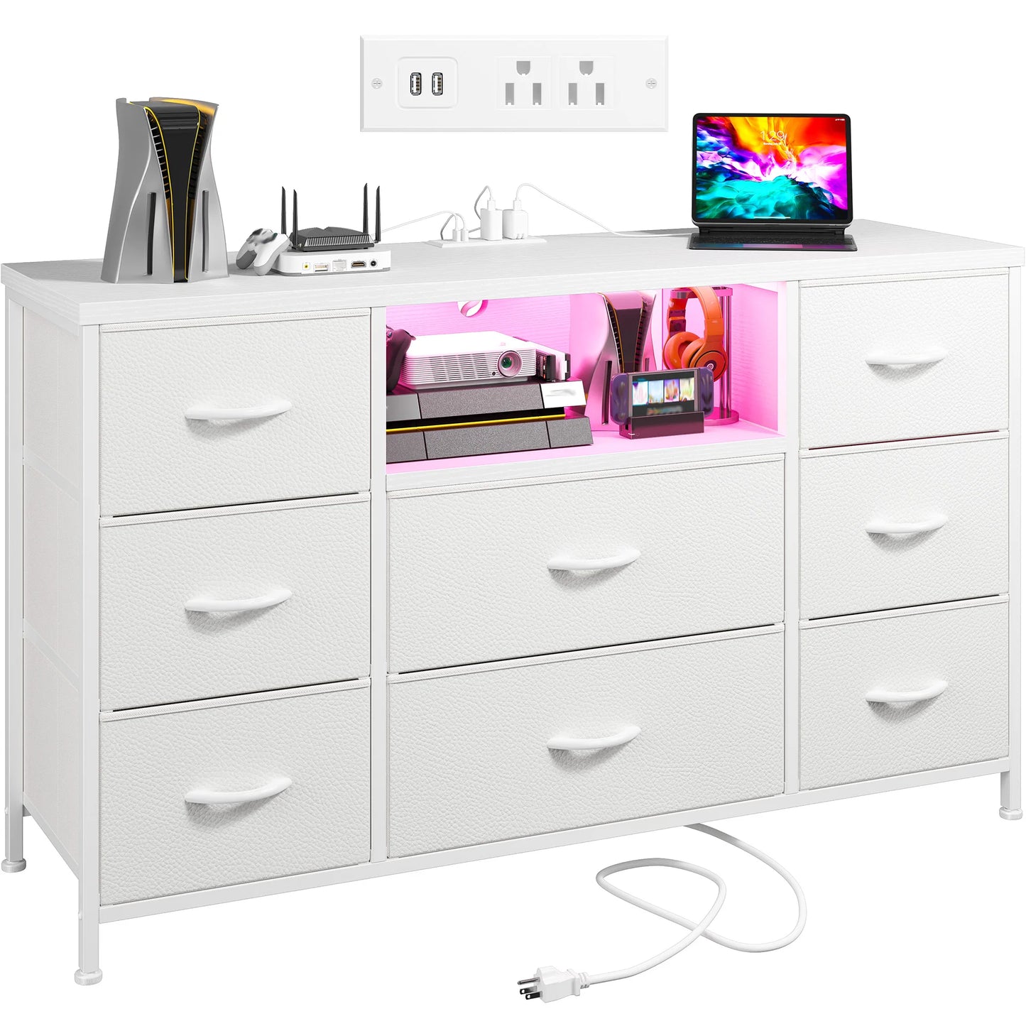 8-Drawer Media Dresser with LED Lighting & Built-in Charging Station - Fabric Storage Cabinet for 55" TVs, Ideal for Bedroom